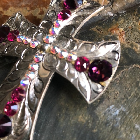 Vintage Sterling Silver Statement 2.25” Cross Purple Western Crystal Necklace - Picture 6 of 6